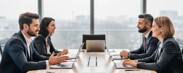 Réunion CSE avec élus discutant autour d'une table de conférence moderne