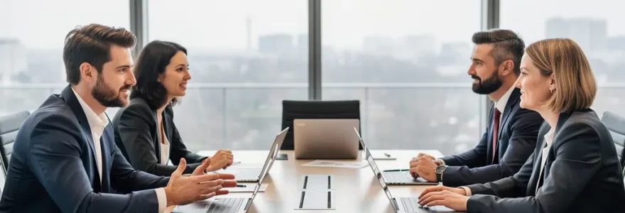 Réunion CSE avec élus discutant autour d'une table de conférence moderne