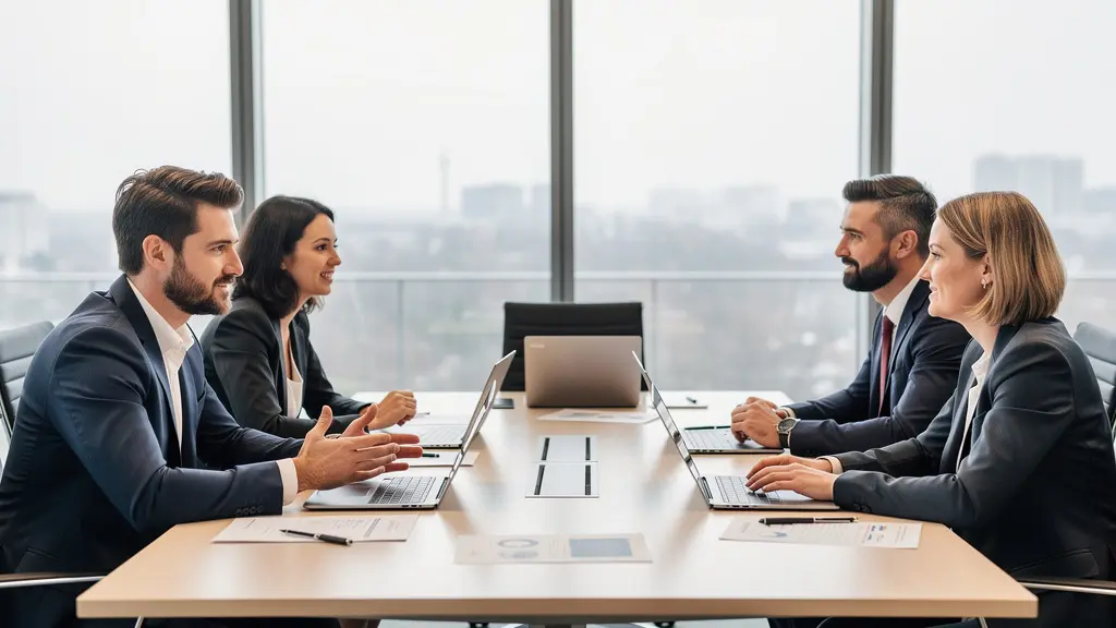 Réunion CSE avec élus discutant autour d'une table de conférence moderne